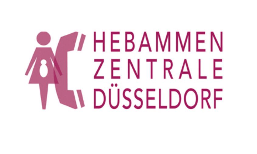 Logo der Hebammenzentrale: Icons von schwangerer Frau und einem Telefonhörer, rechts daneben Schriftzug: Hebammenzentrale Düsseldorf, alles in einem Rot/Violetten Farbton