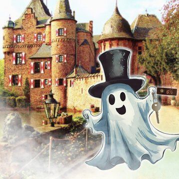 Ein Burggespenst in hellem Nebel vor Burg Satzvey