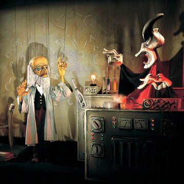 Faust und Mephisto im Labor im Stück „Faust - Ein Traum" des Düsseldorfer Marionettentheaters.