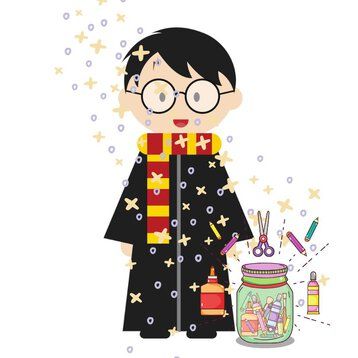 Harry Potter als Comicfigur mit Bastelutensilien